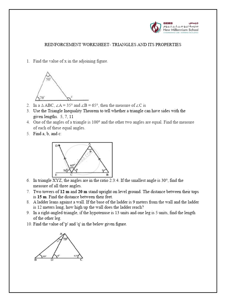 Reinforcement Worksheet - Triangles Its Properties 1 | PDF