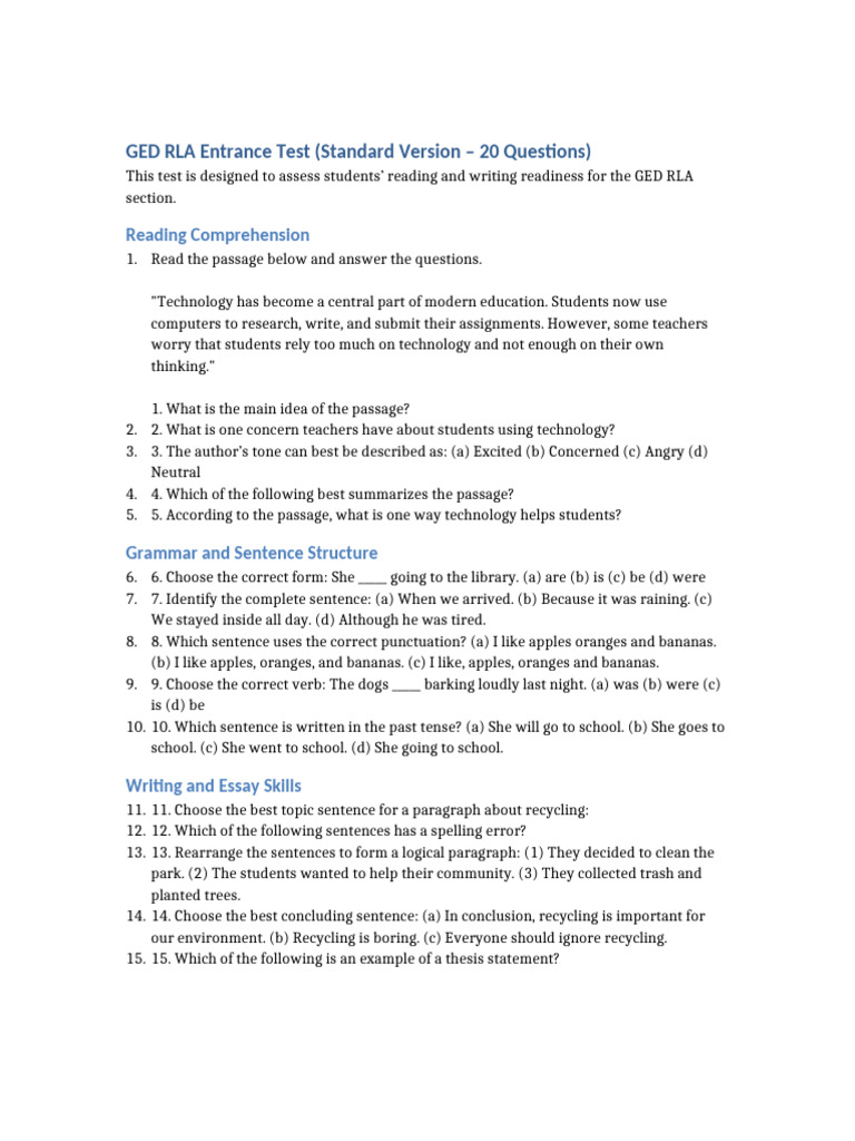 GED RLA Entrance Test Standard | PDF | Human Communication | Linguistics