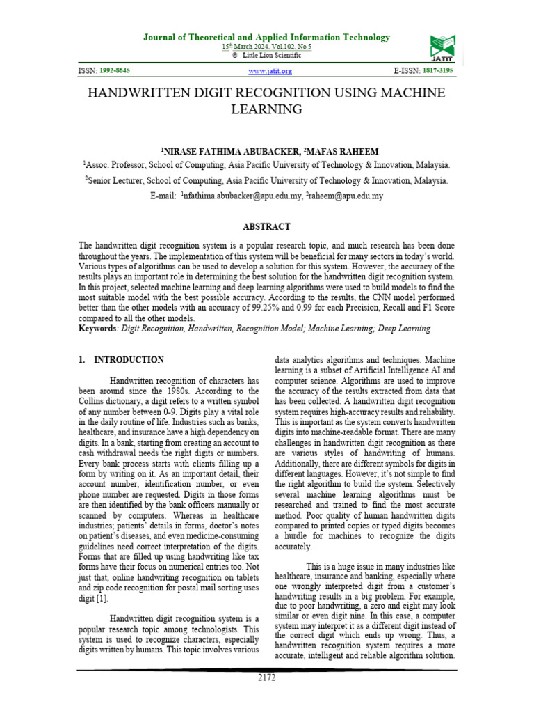 Handwritten Digit Recognition Using Machine Learning | PDF | Support ...