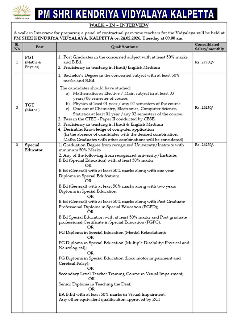 KV Kalpetta- Walk in Interview 2026-27 | PDF | Special Education | Diploma