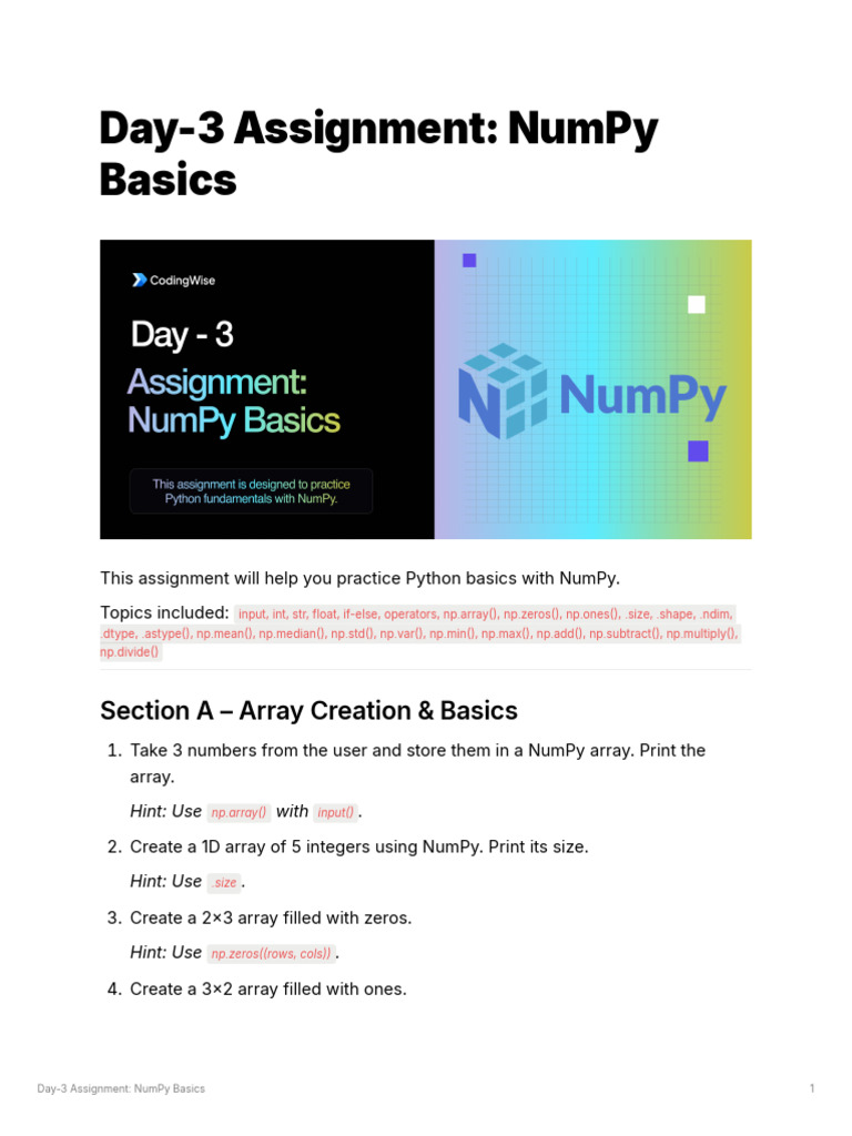 Day-3 Assignment NumPy Basics | PDF | Multiplication | Discrete Mathematics