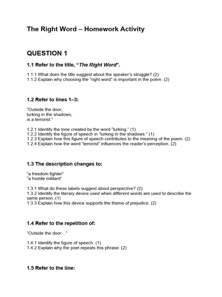 The Right Word - Homework Activity: 1.1 Refer To The Title, 
