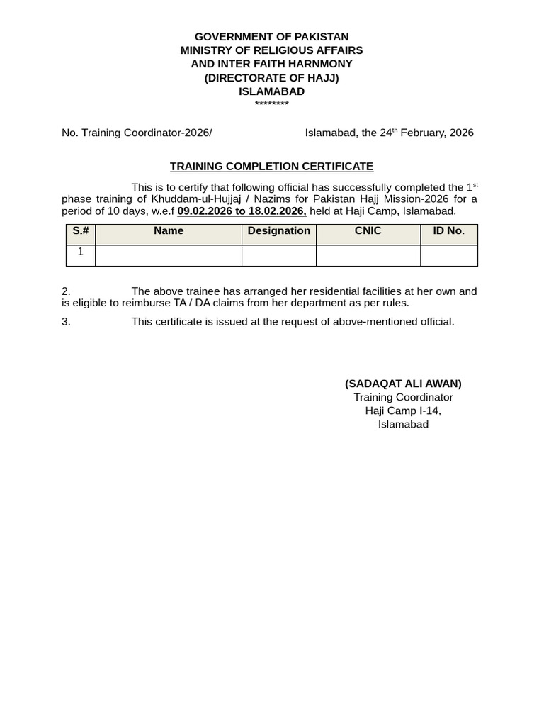 Format Training Completion Certificate | PDF
