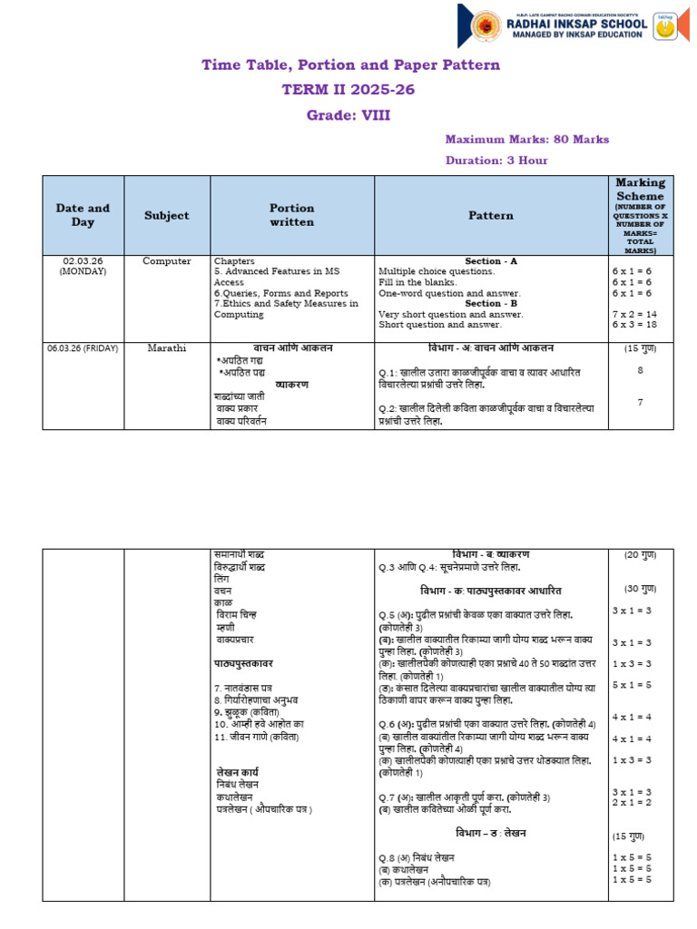 TERM -II Grade VIII Portion & Paper Pattern 25-26 (1) | PDF