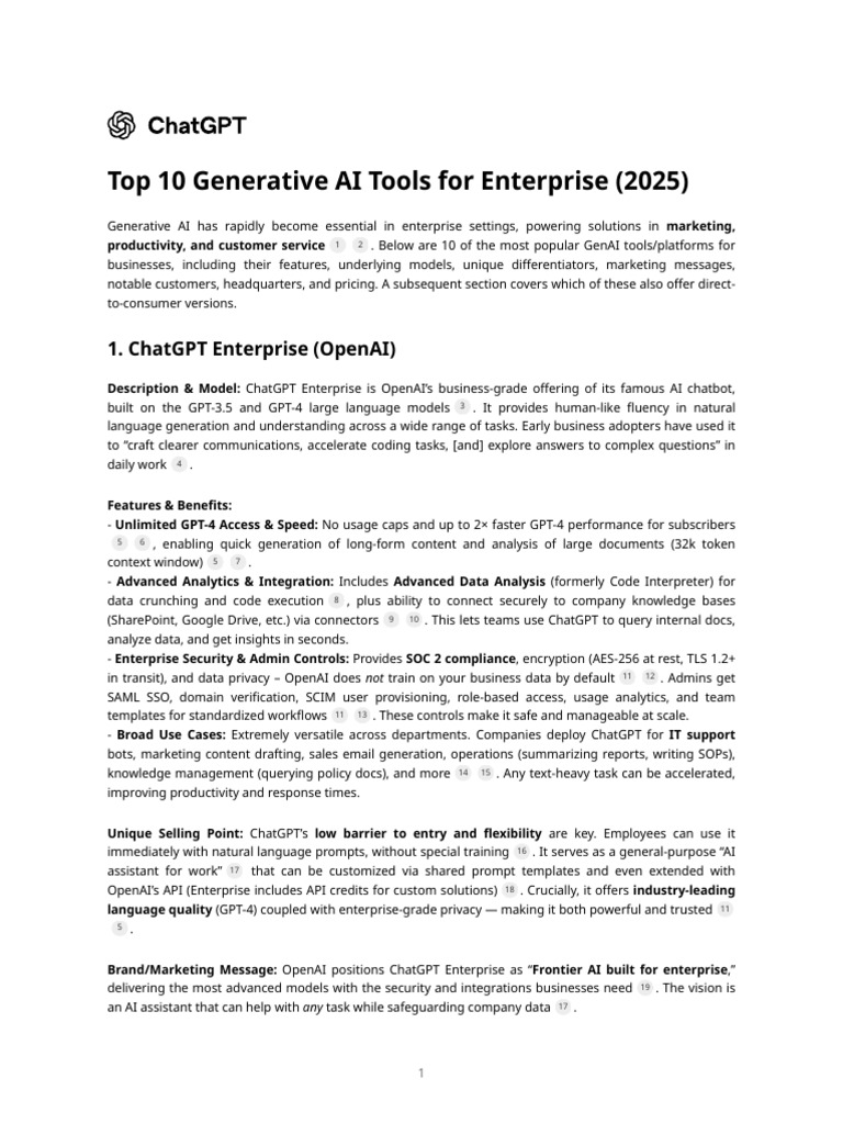 Top 10 Generative AI Tools For Enterprise (2025) | PDF | Artificial ...