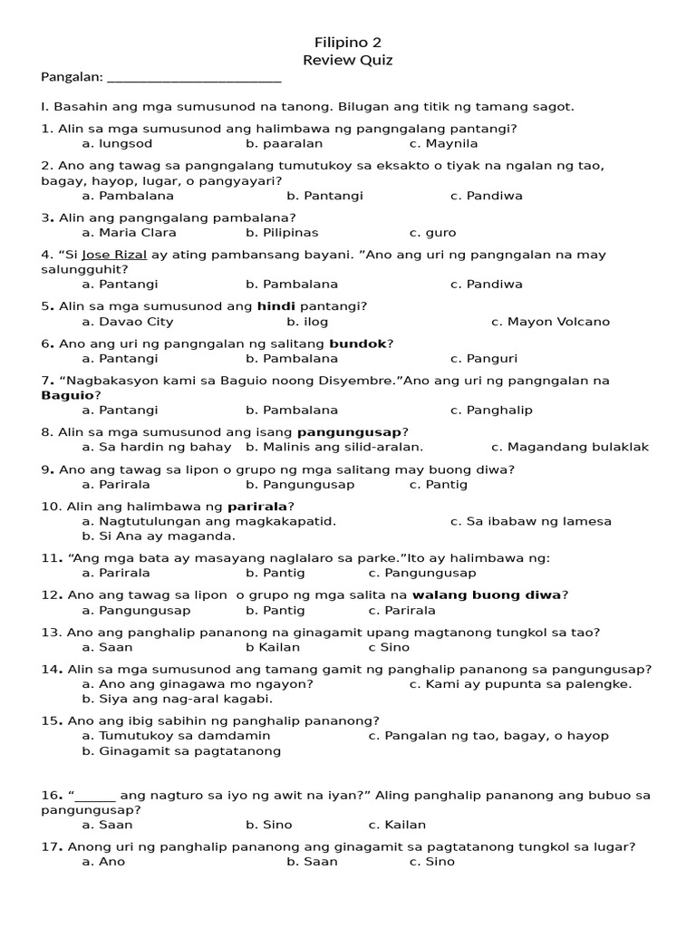 Review Quiz Filipino | PDF