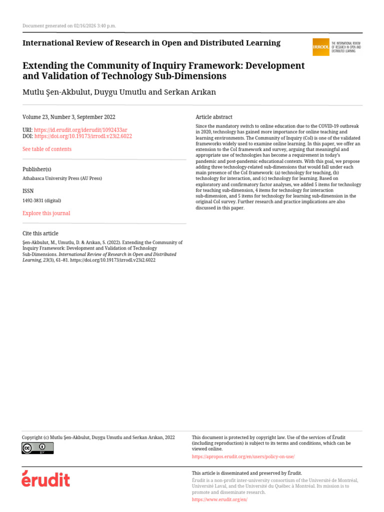 Extending the Community of Inquiry Framework-- Development and ...