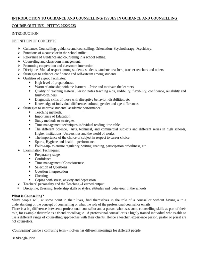 Introduction To Guidance and Counselling Notes Level 300 | PDF ...