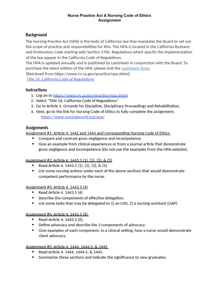 Nursing Practice Act and Code of Ethics Assignment | PDF