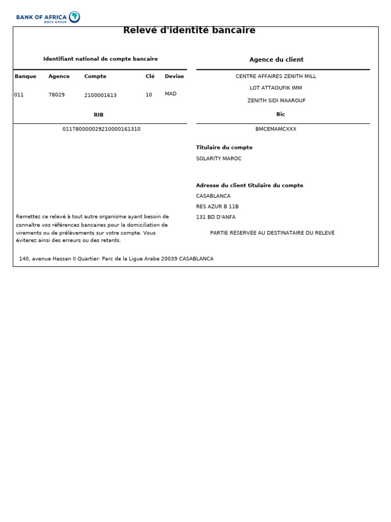BMCE Bank of Africa - Bank Account Details | PDF