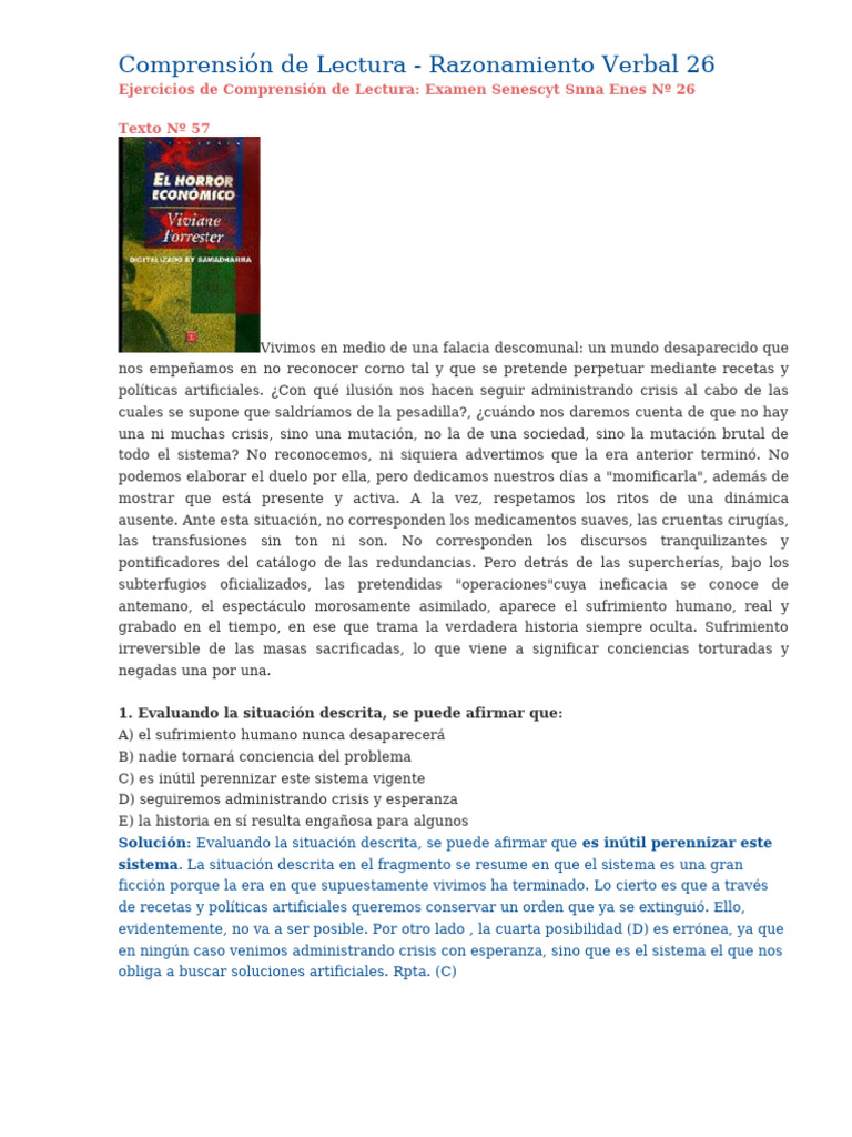 F 26 Razonamiento Verbal-Comprensión de Lectura | PDF | Estado ...