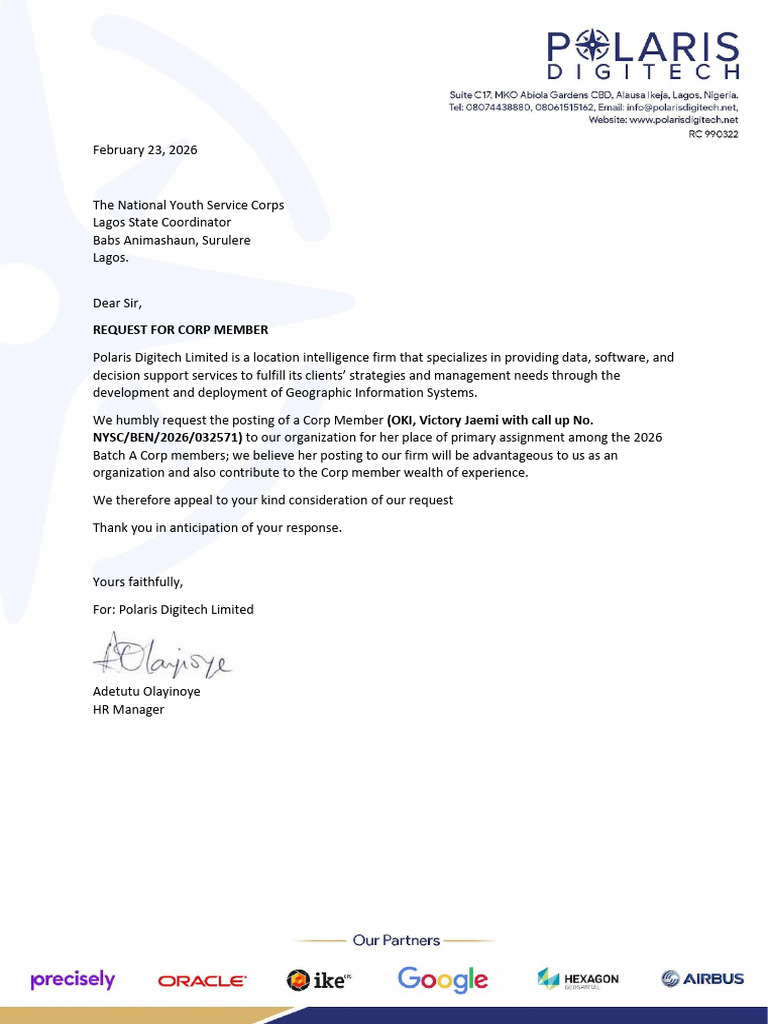 Request Letter To NYSC - Victory Oki | PDF