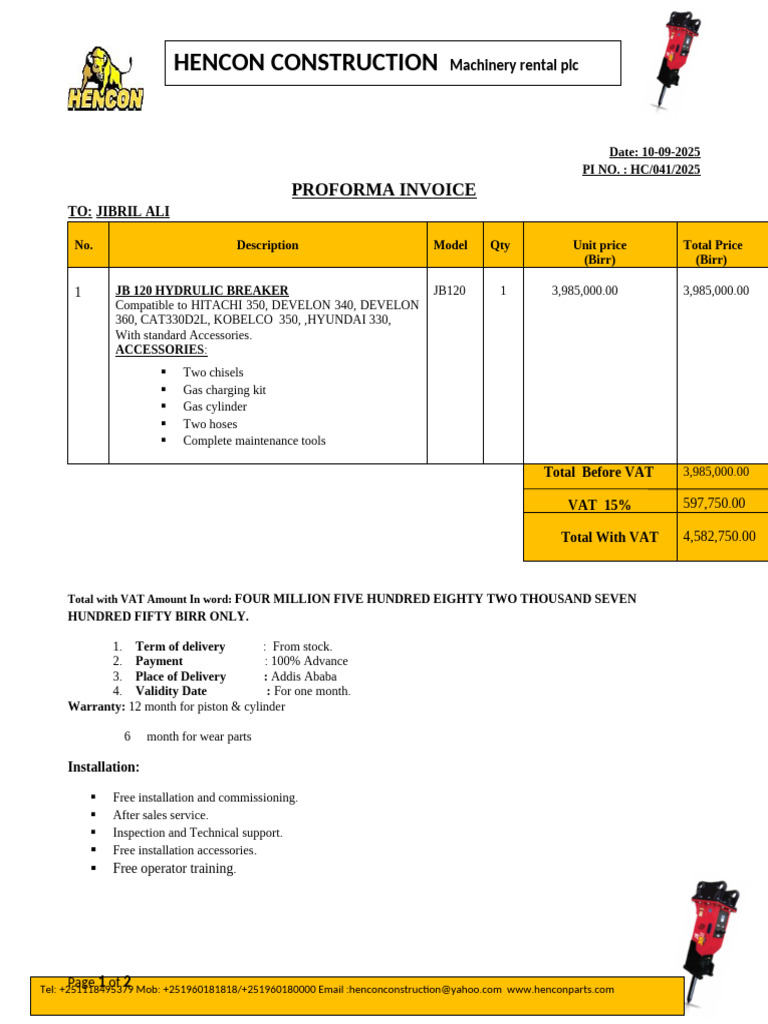 Jb120 JH Proforma Invoice - Jibril Ali | PDF | Gases | Mechanical ...