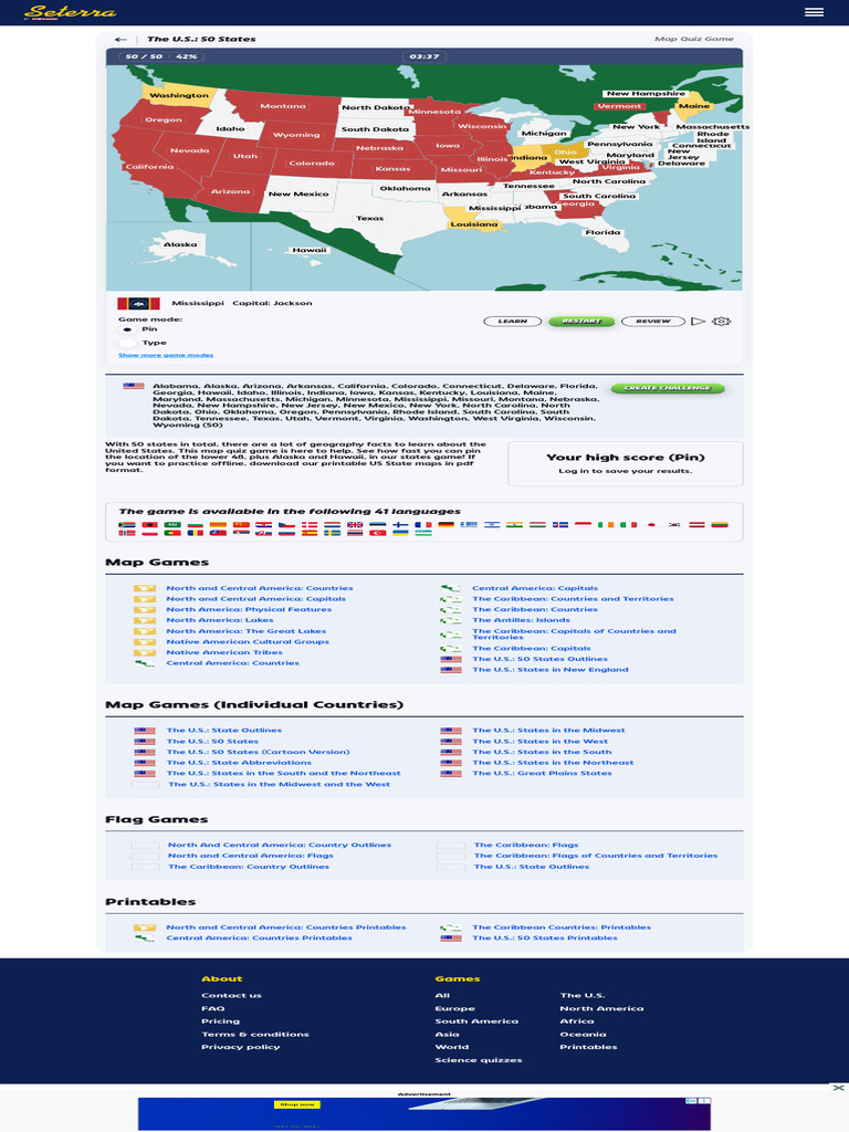 The U.S. 50 States - Map Quiz Game - Seterra | PDF | The United States ...