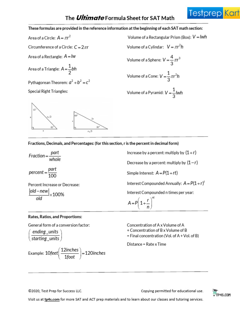 Sat Math Formula Sheet | PDF | Angle | Area