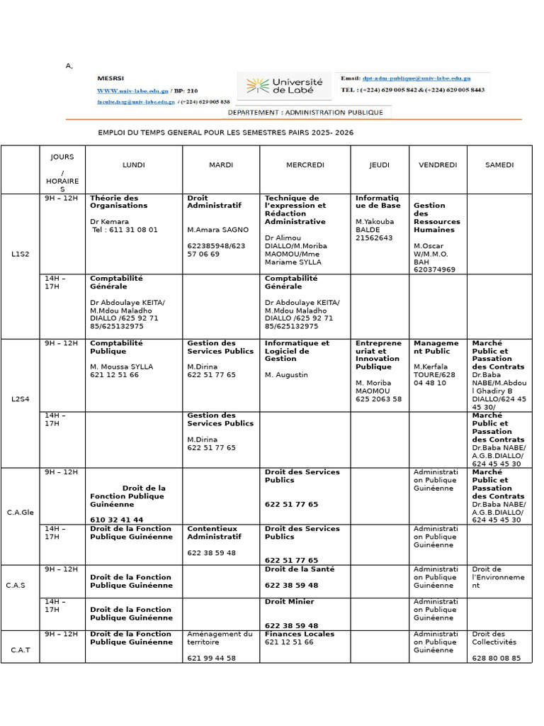 Emploi Du Temps Semestre Pairs 2026 - 1 | PDF