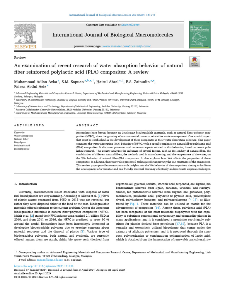 An Examination of Recent Research of Water Absorption Behavior of ...