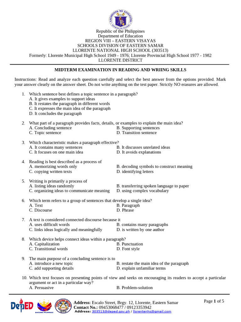 Midterm Exam in Reading and Writing Skills | PDF | Semantics | Paragraph