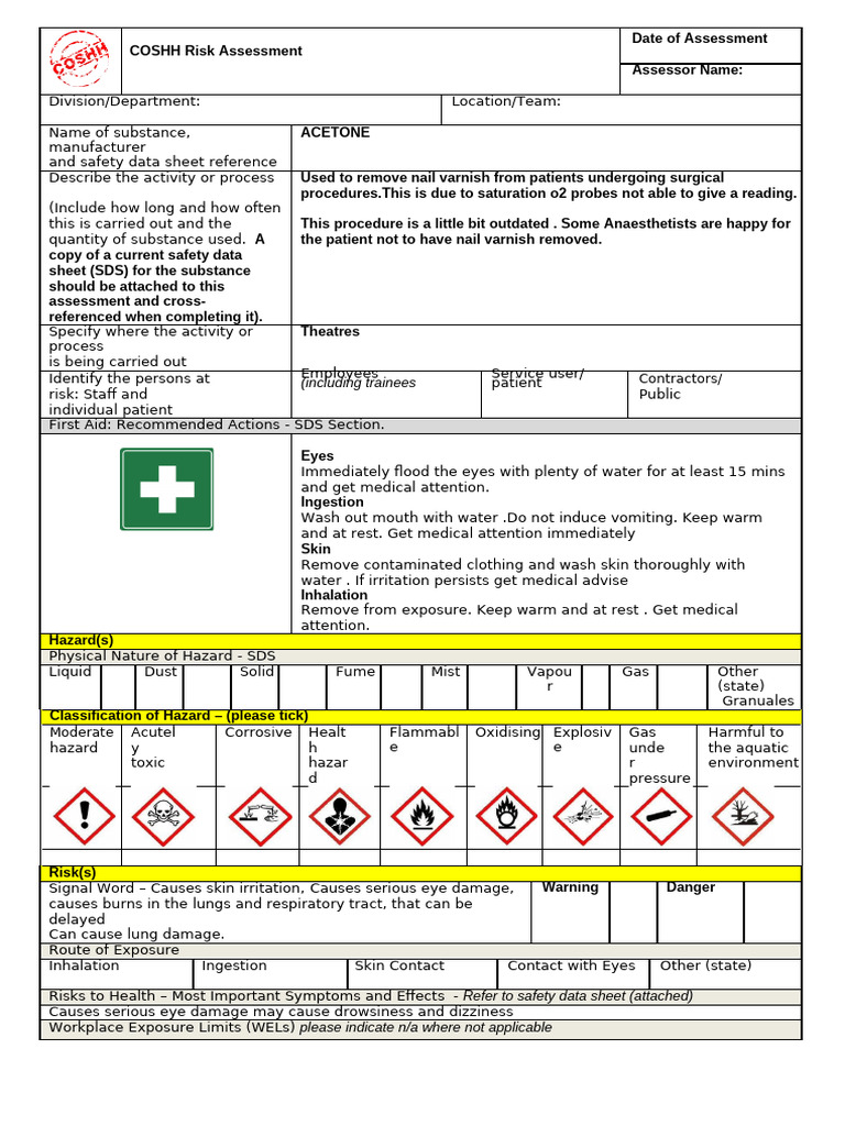 ACETONE Coshh Risk Assessment | PDF | Occupational Safety And Health ...