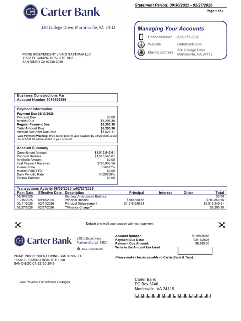 Invoice - Prime Gastonia - Carter Bank 2-28-2026 - $8,295.30 | PDF ...