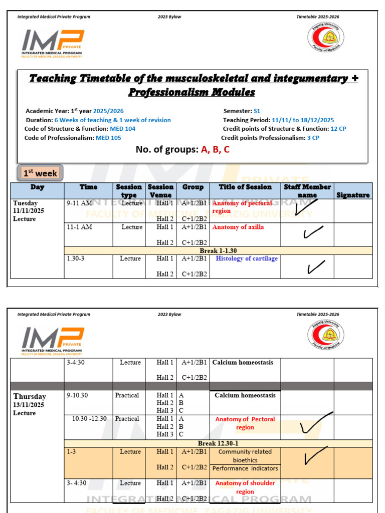 IMP Time Table of MSK Module 2025-2026 Credit | PDF | Arm | Anatomy