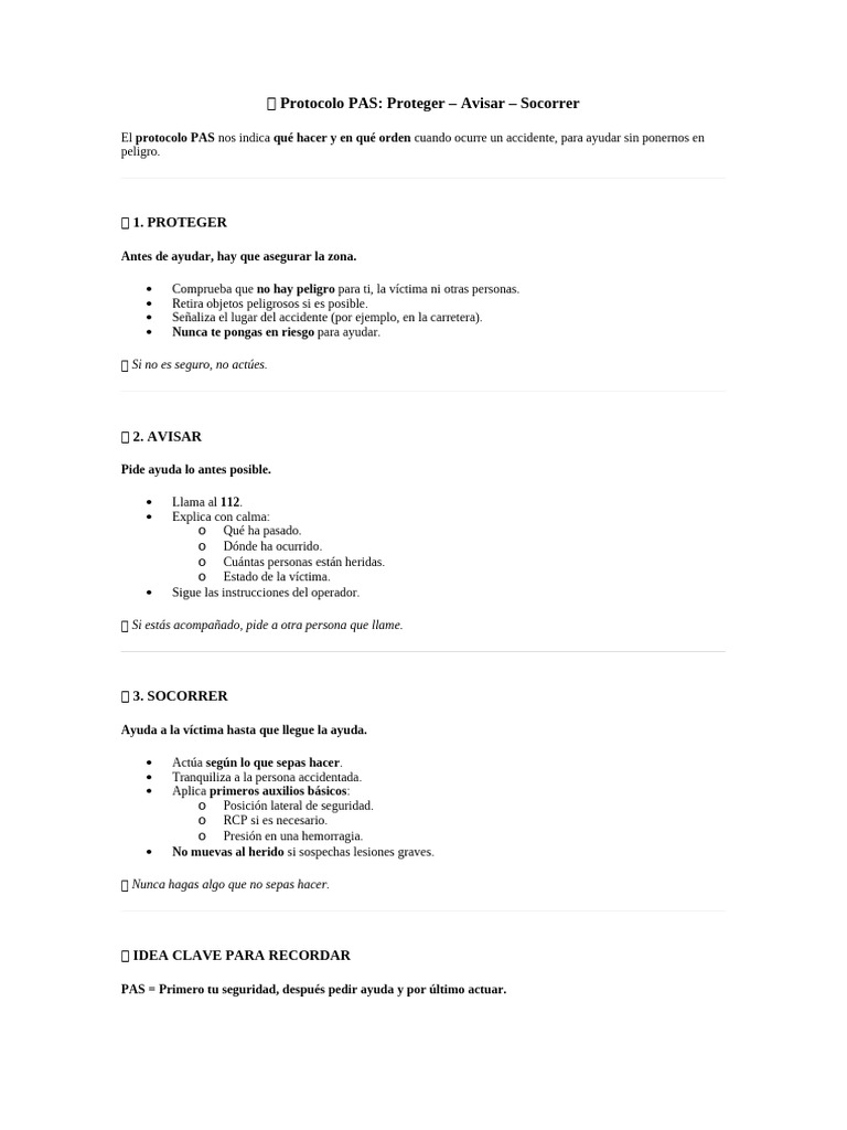 Proteger: Protocolo PAS: Proteger - Avisar - Socorrer | PDF