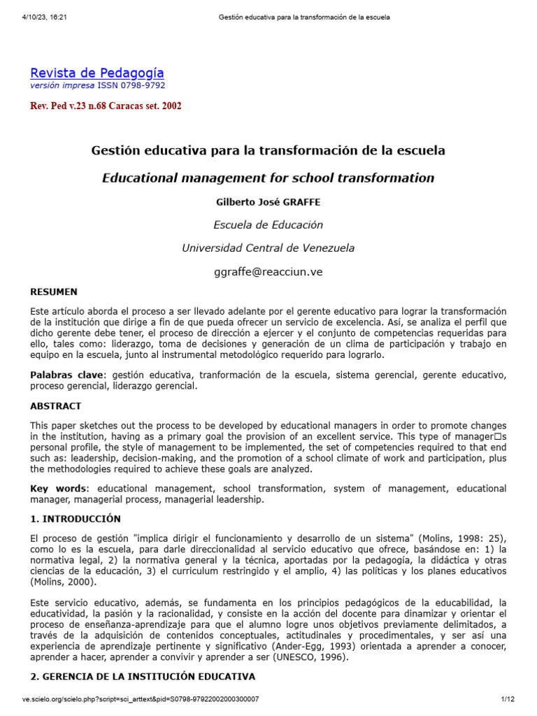 Gestión Educativa para La Transformación de La Escuela | PDF ...