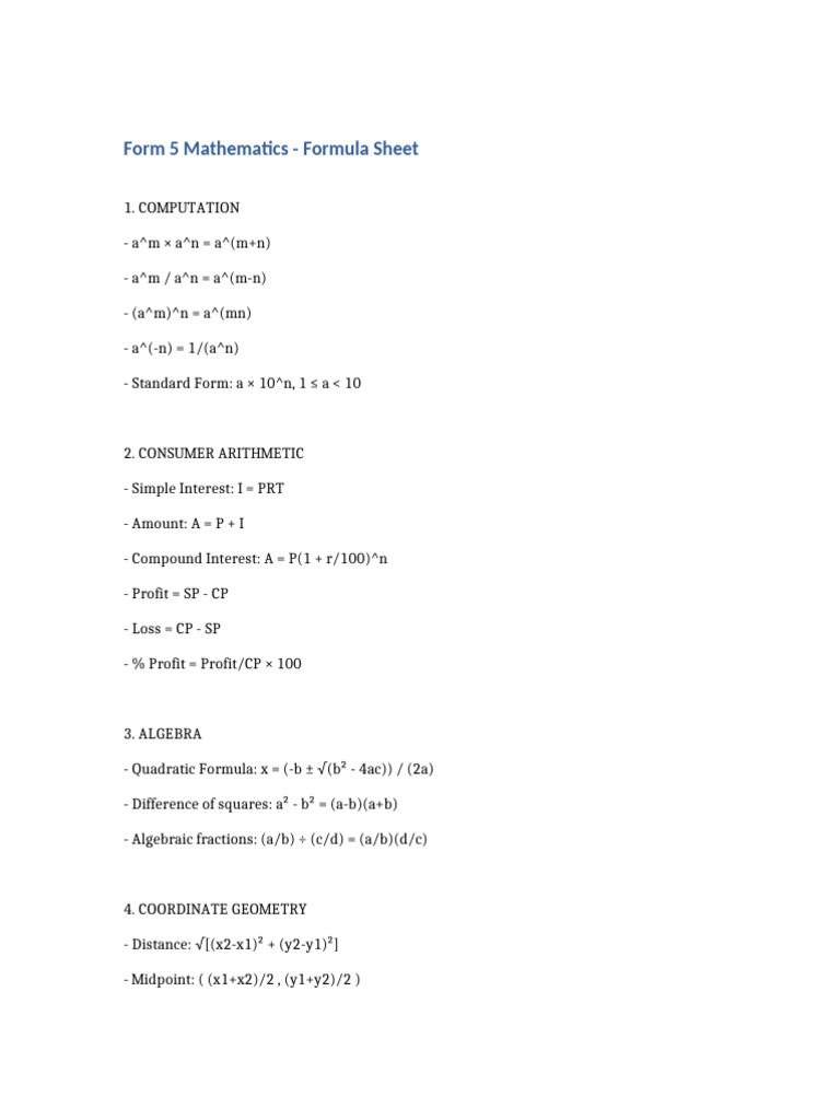 Form5 Math Formula Sheet | PDF