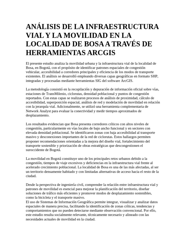 Análisis de La Infraestructura Vial y La Movilidad en La Localidad de ...