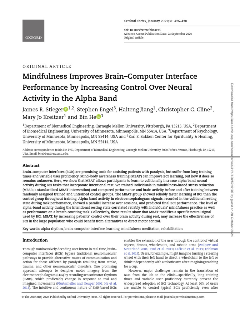 Mindfulness Improves Brain-Computer Interface Performance by Increasing ...