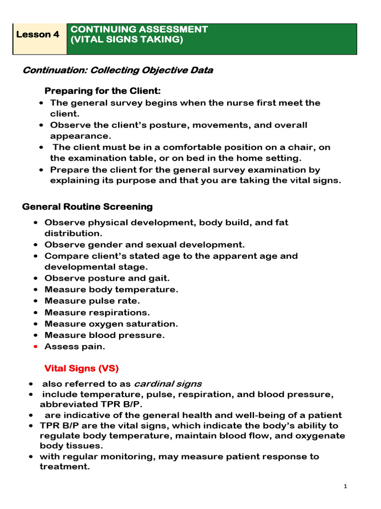 4 Lessons 4 Vital Signs Taking | PDF | Blood Pressure | Pulse