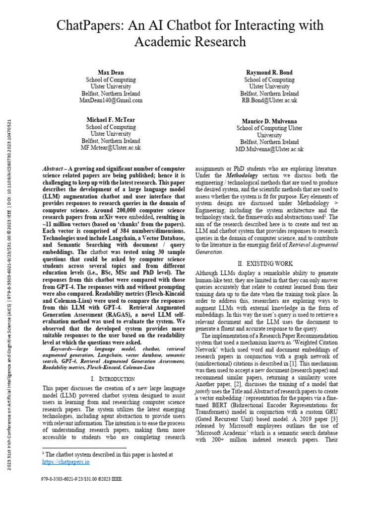 ChatPapers An AI Chatbot For Interacting With Academic Research | PDF ...