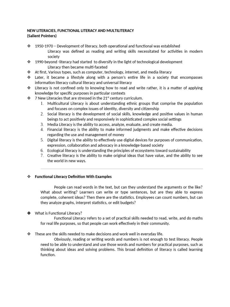 NEW LITERACIES Functional and Multiliteracies | PDF | Literacy | Cognition