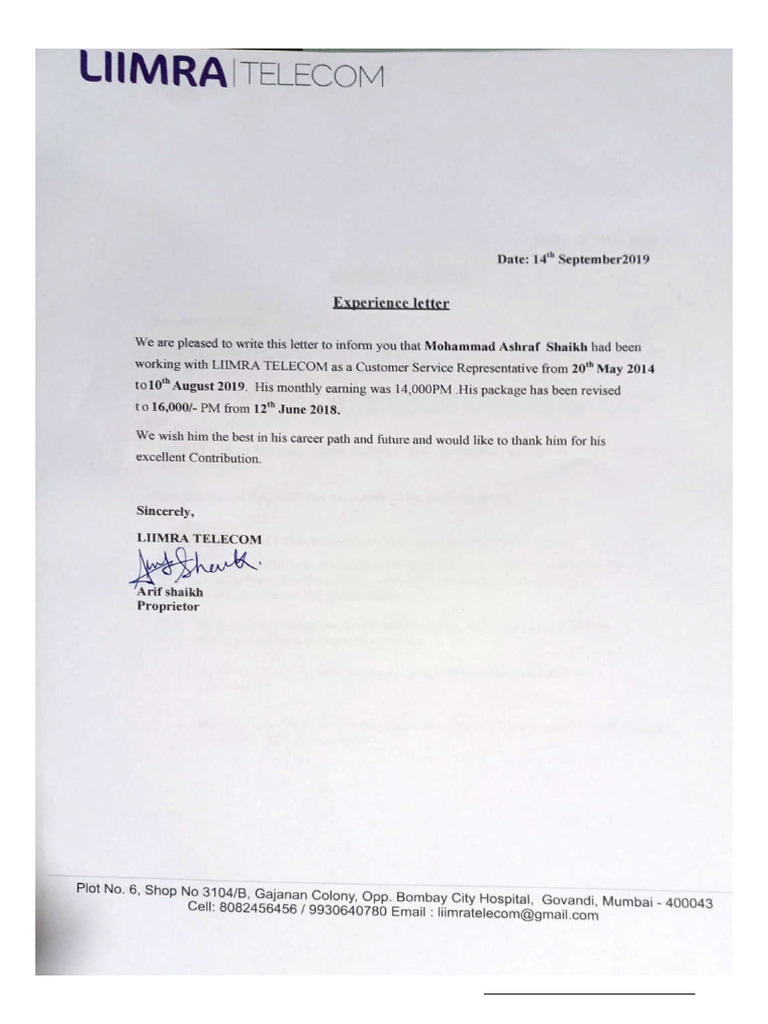 Liimra Telecom Experience Letter | PDF
