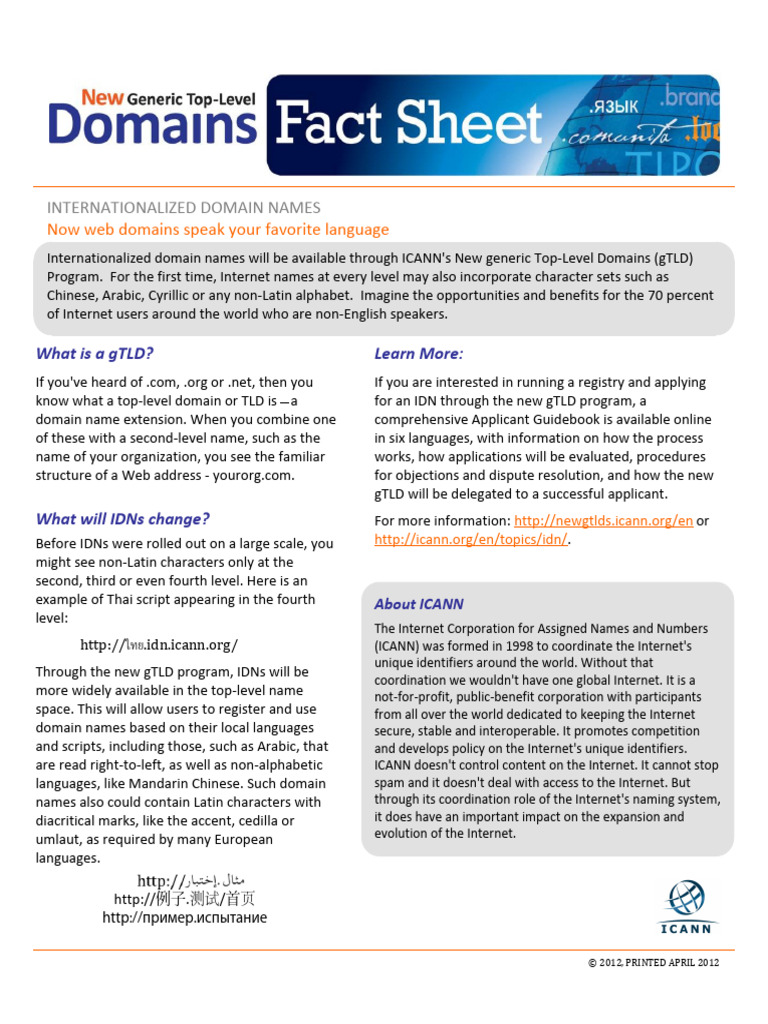 Idns Fact Sheet 04apr12 en | PDF | Domain Name | Domain Name System