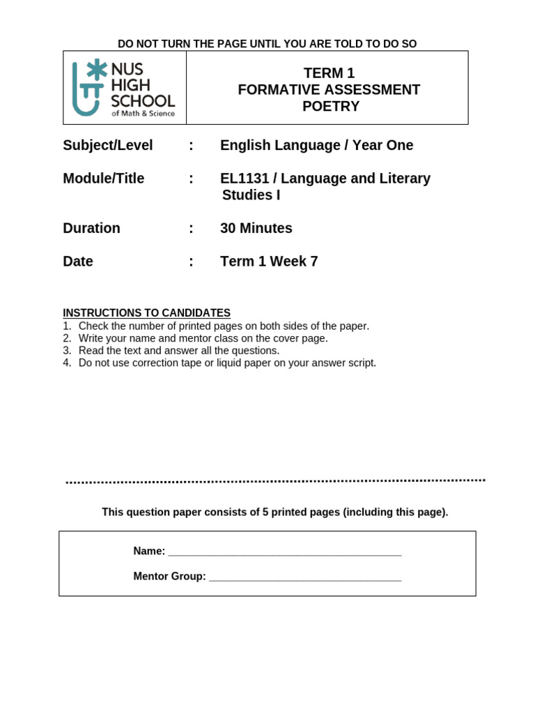 2023 EL1131 Poetry Practice Paper_Linda Pasten_Insert | PDF | Poetry