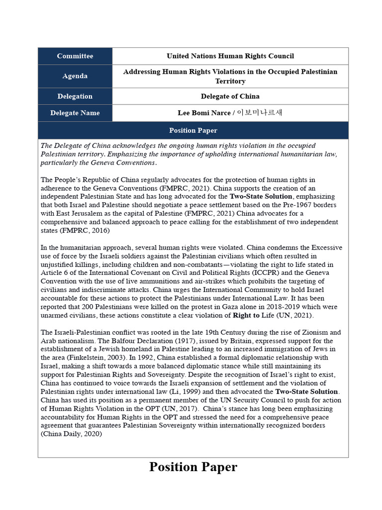 Position Paper UNHRC 1 China | PDF | Two State Solution | Israel
