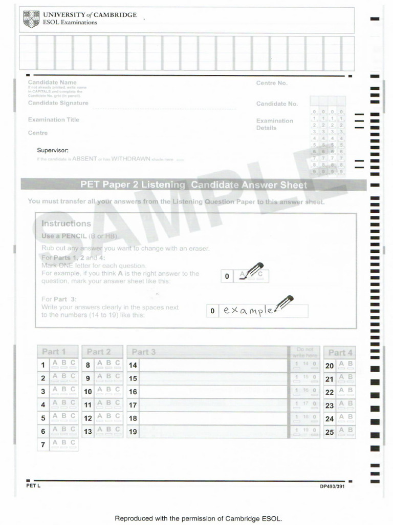 PET - Listening Answer Sheet | PDF