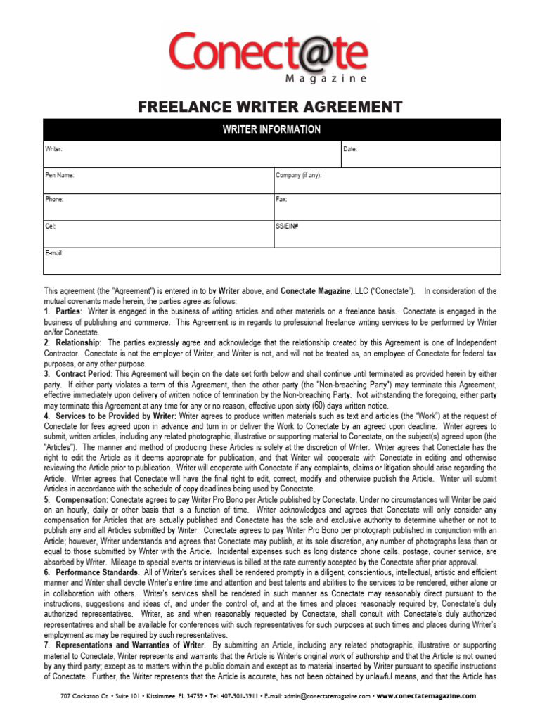 CONECTATE WRITER AGREEMENT | PDF | Trade Secret | Indemnity