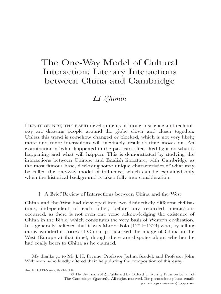 The One-Way Model of Cultural Interaction Literary Interactions Between ...