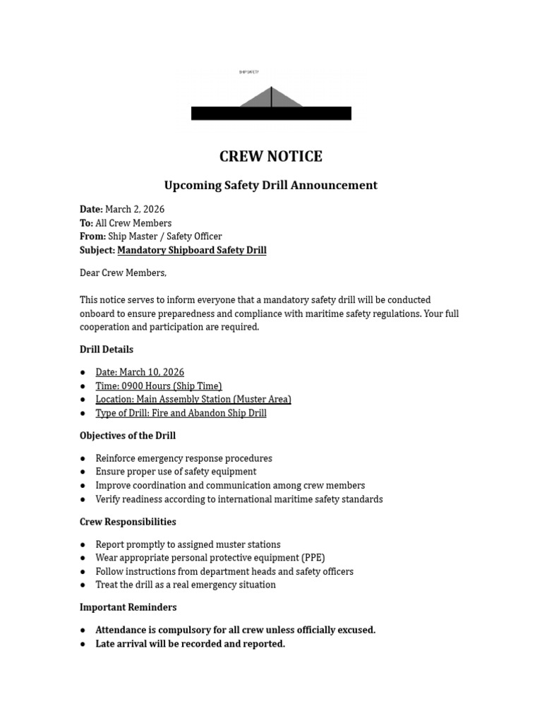 Crew Notice Safety Drill.docx | PDF