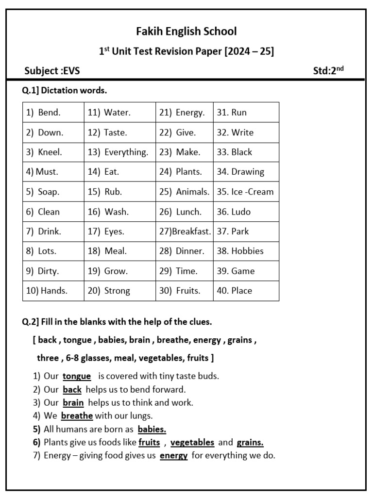 II STD I Unit Revision Paper 2024-25 | PDF | Meal | Foods