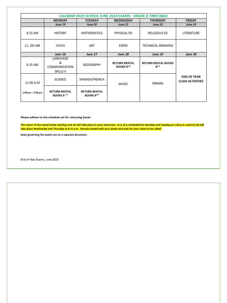 End of Year Exams g8 Timetable June 2023 Final | PDF