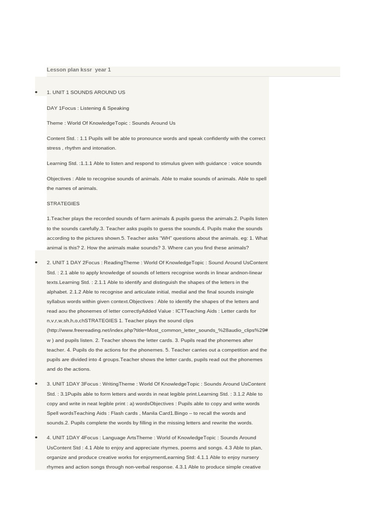Sample Planning - Lesson Plan KSSR Year 1 | PDF | Old Mac Donald Had A ...