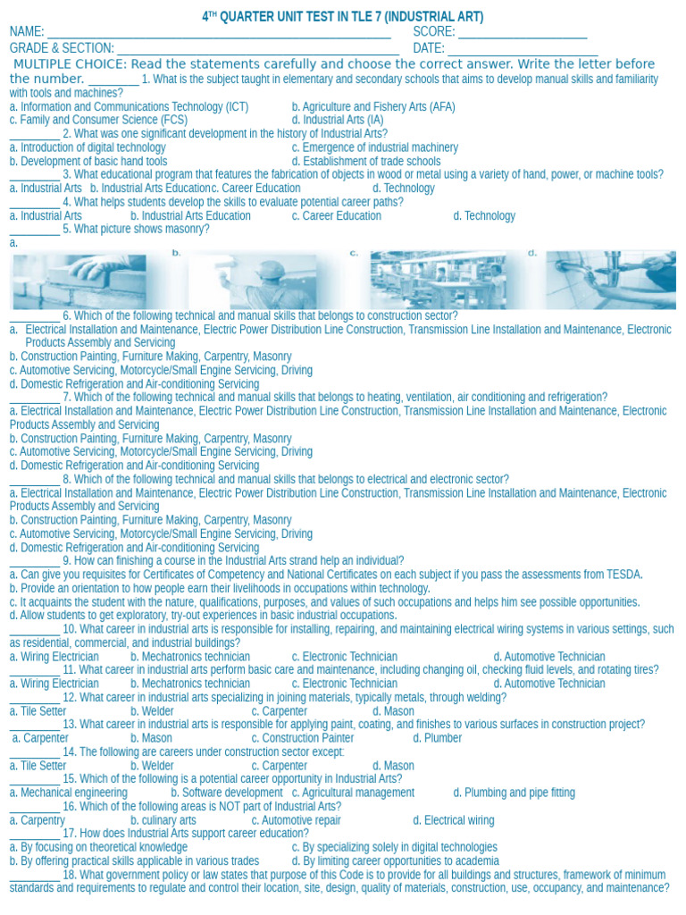 4th Quarter Unit Test in Tle 7 | PDF | Carpentry | Auto Mechanic