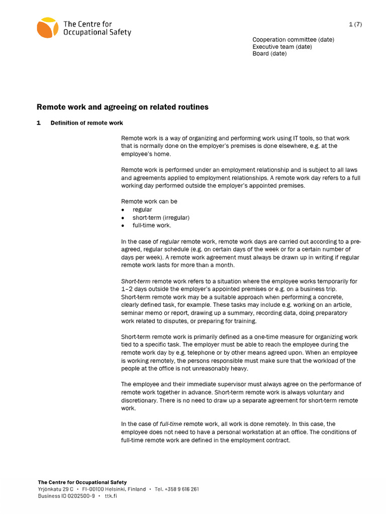 Remote Work Agreement Template | PDF | Occupational Safety And Health ...