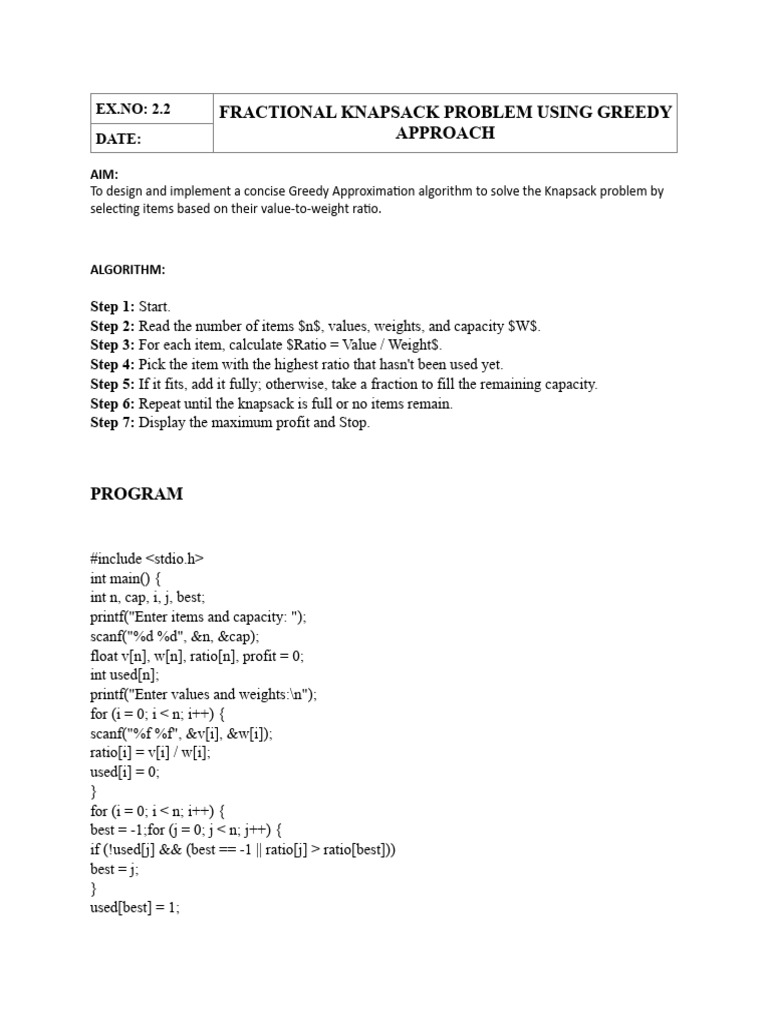 Fractio ALK Apsack Problem Usi G Greedy Approach: EX. O: 2.2 Date | PDF