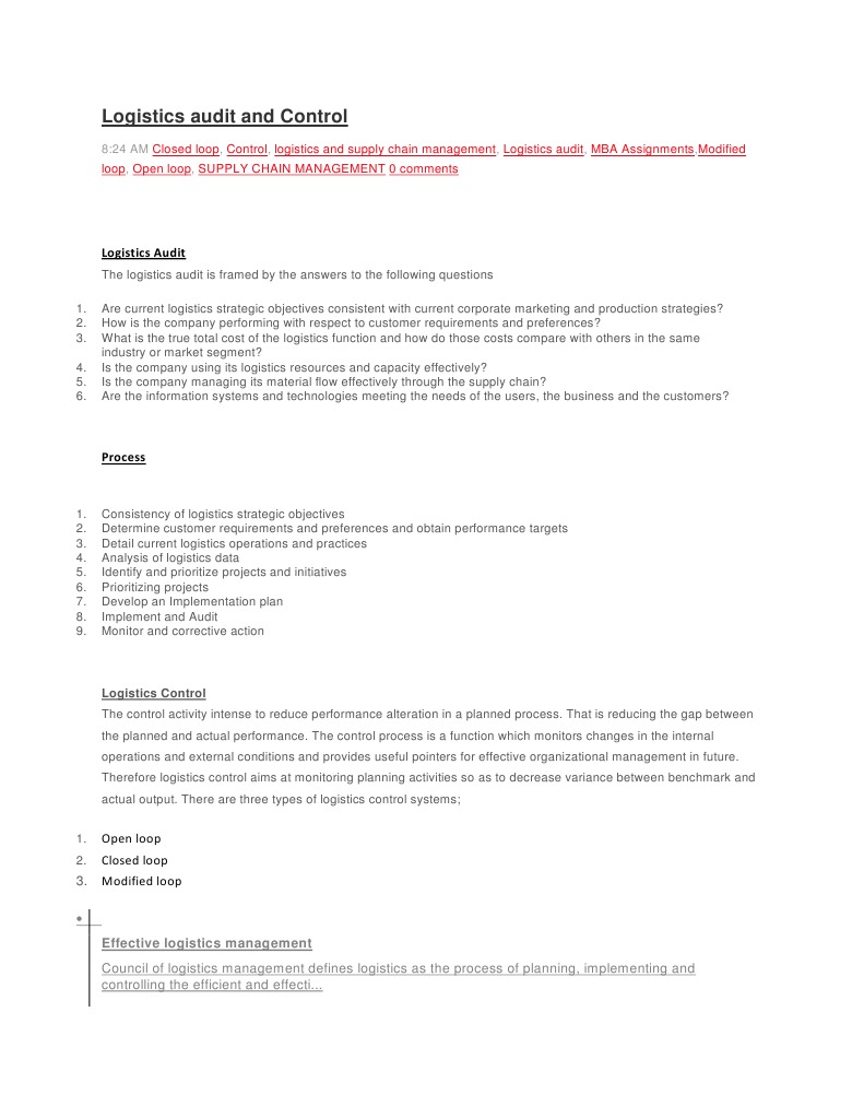 Logistics Audit and Control Overview | PDF | Logistics | Supply Chain