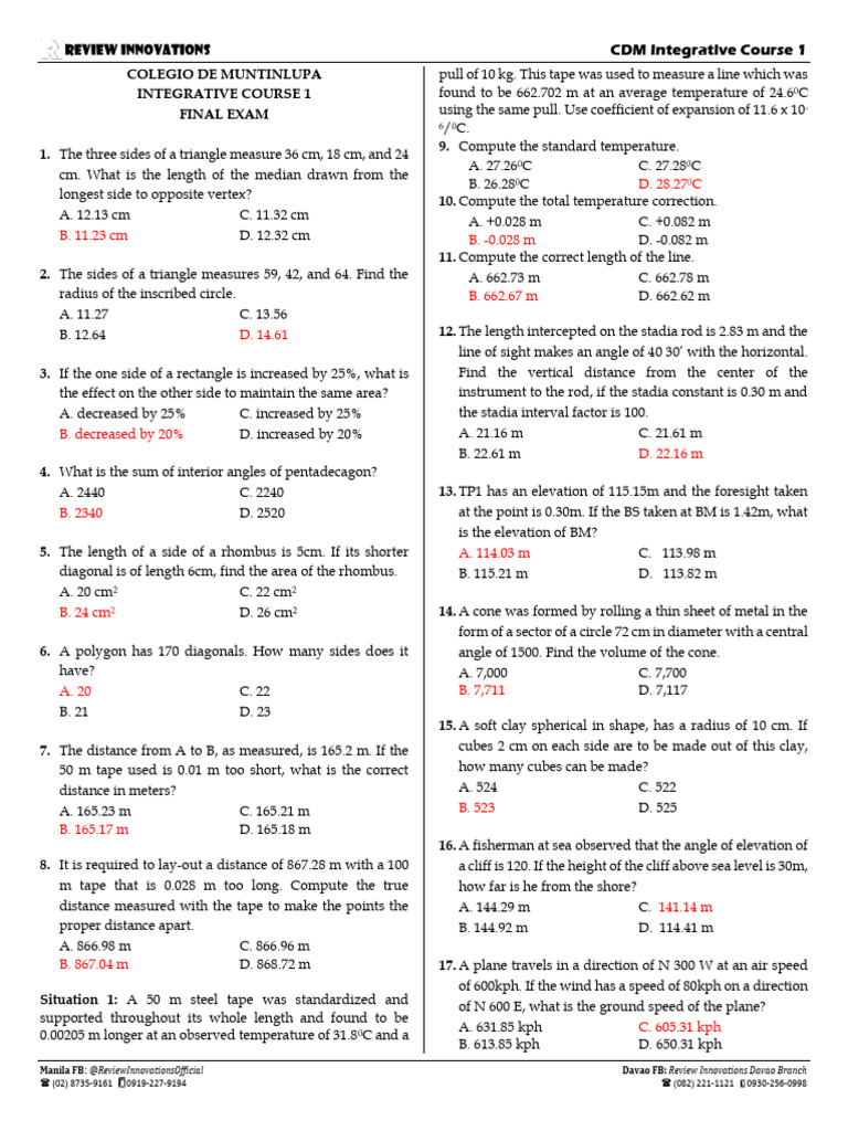 CE Integrative Course 1 CE3 Final Key PDF | PDF | Angle | Area