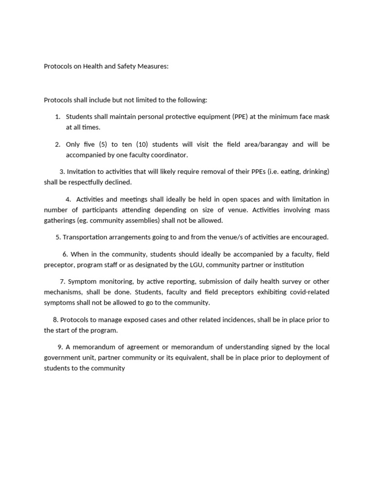 Protocols On Health and Safety Measures 2026 | PDF